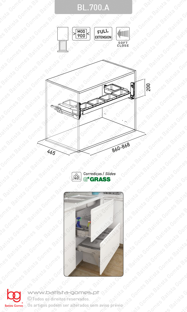 Prateleira com recipientes multiusos extra�veis - Porta frontal - M�d. 900 - Com Soft-close
